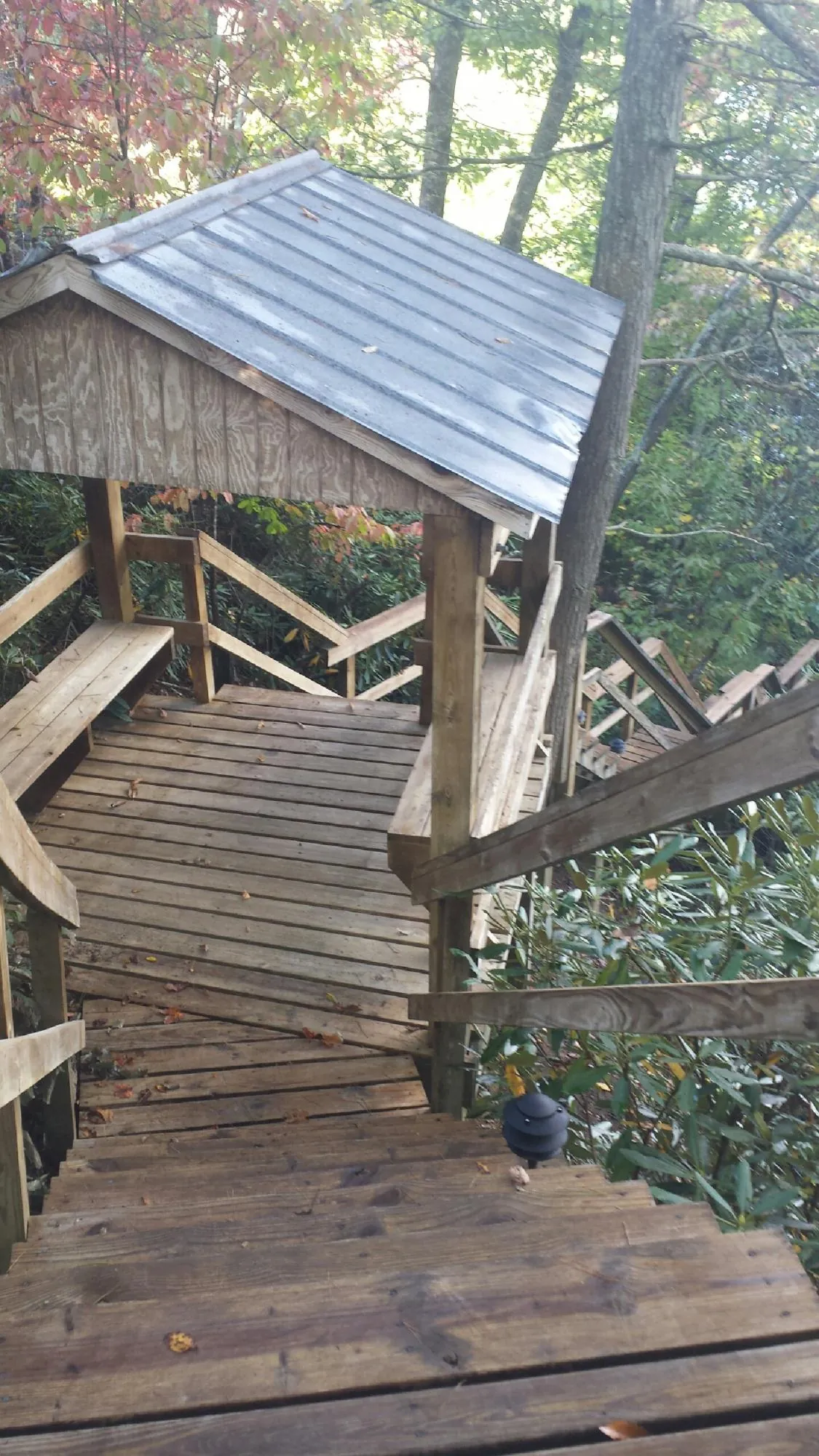 Metal roofed shelter over wooden steps on a wooded walkway — Skylight Repair & Installation work by our crew in Hiddenite